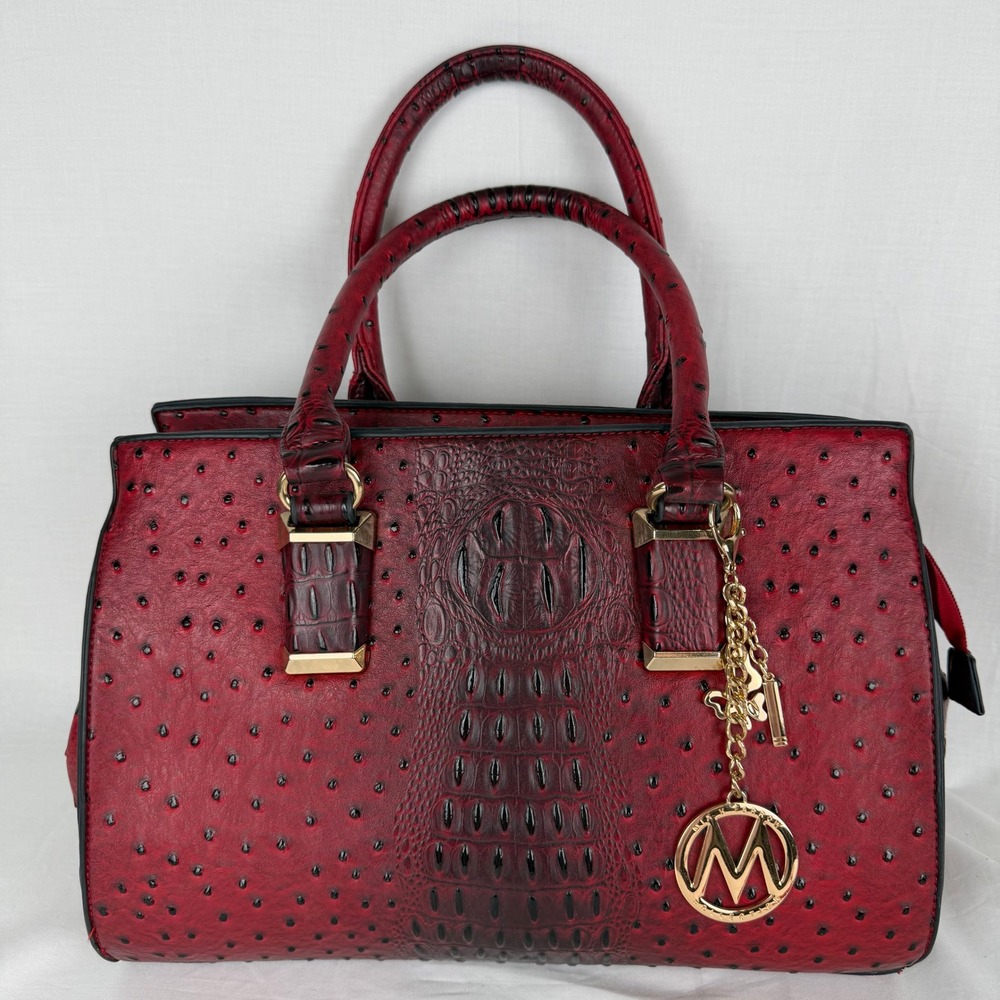 Mia K Farrow Red Ostrich Crocodile Embossed Satchel Handbag Gold Hardware